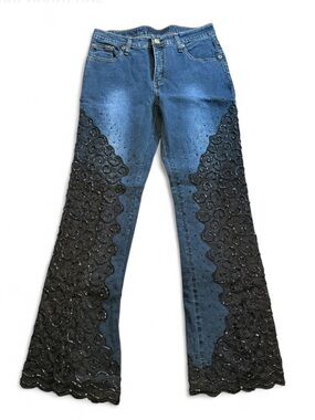 Dark Blue Flare Jeans with Black Lace Panels